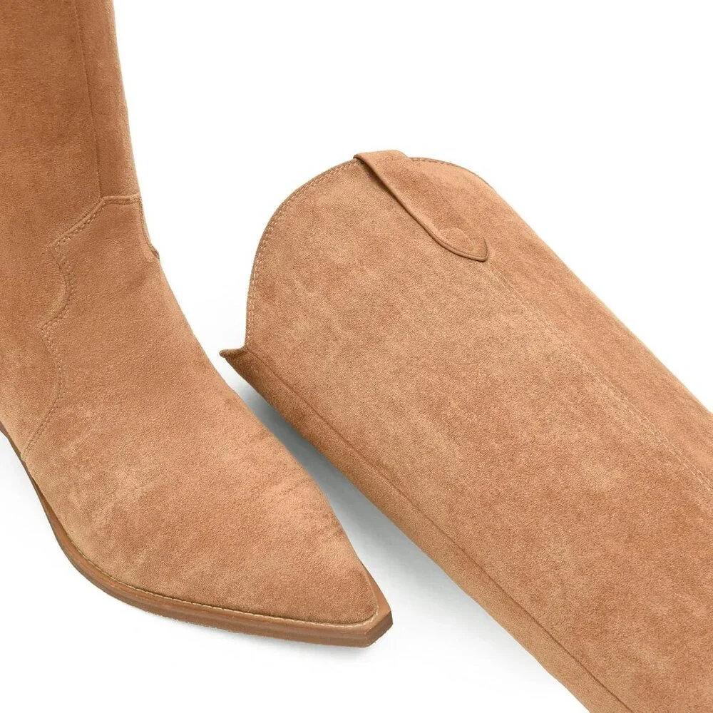 Women's Light Brown Knee High Faux Suede Western with 2 IN Chunky Heel Pointed